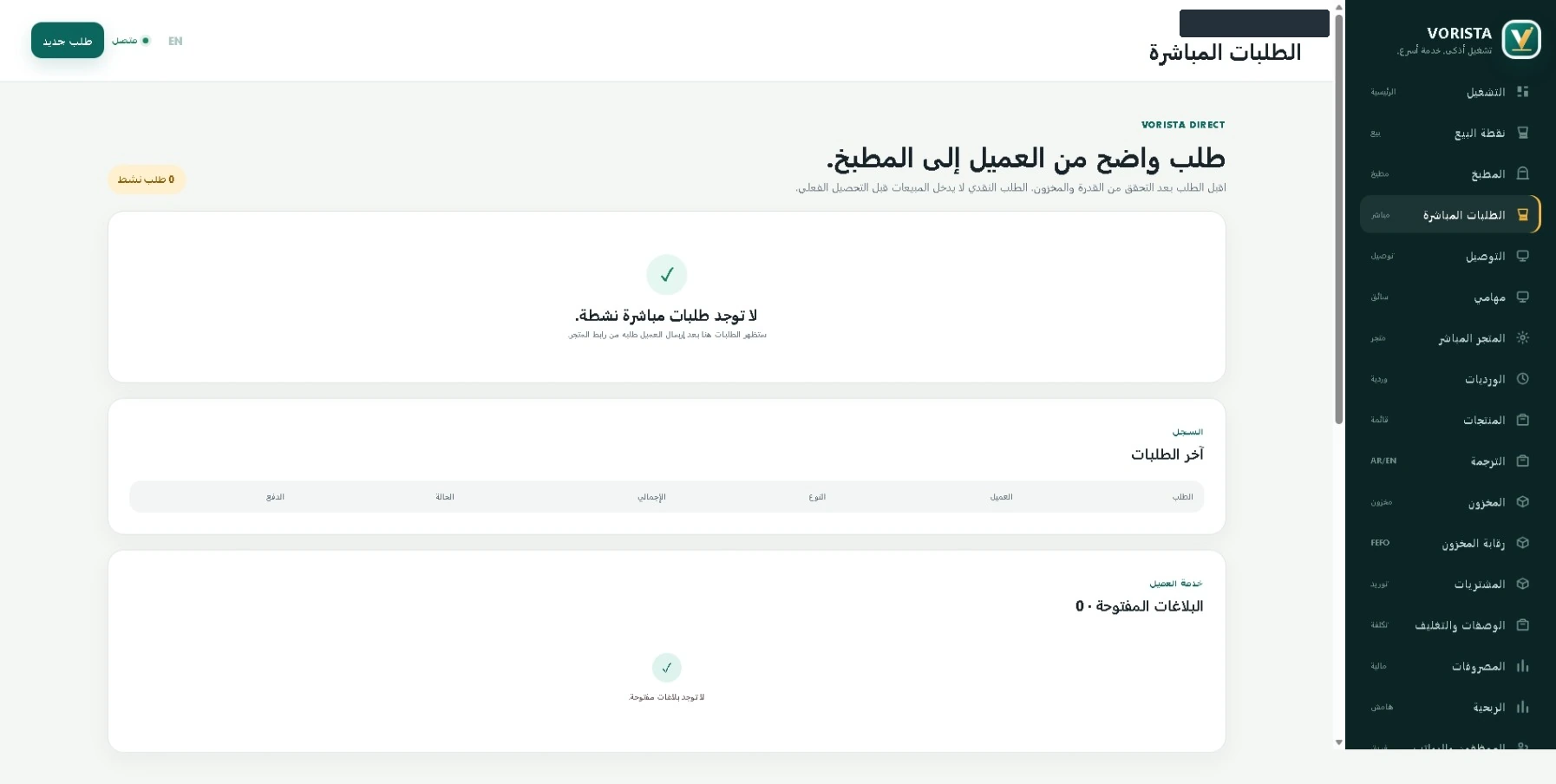 واجهة الطلبات المباشرة في فوريستا، بعد حجب الهوية التجريبية.