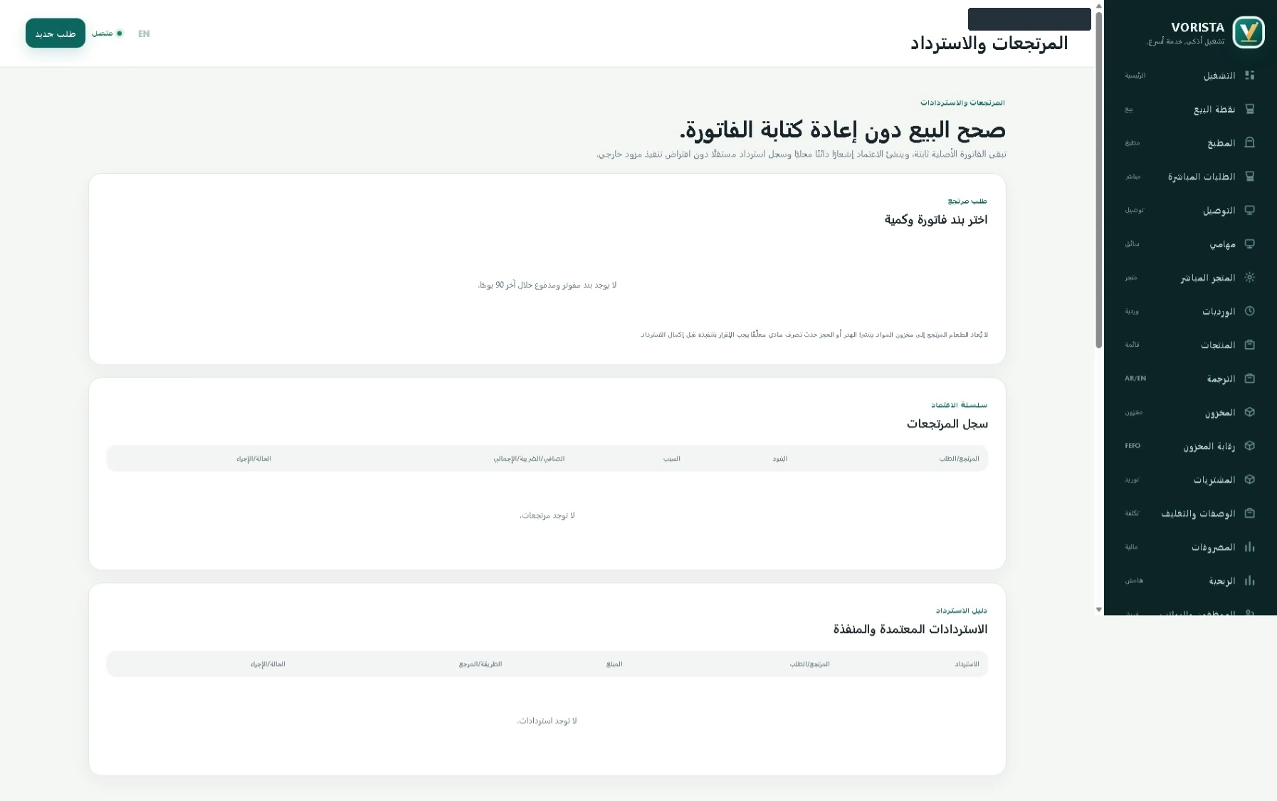 واجهة المرتجعات في فوريستا، بعد حجب الهوية التجريبية.